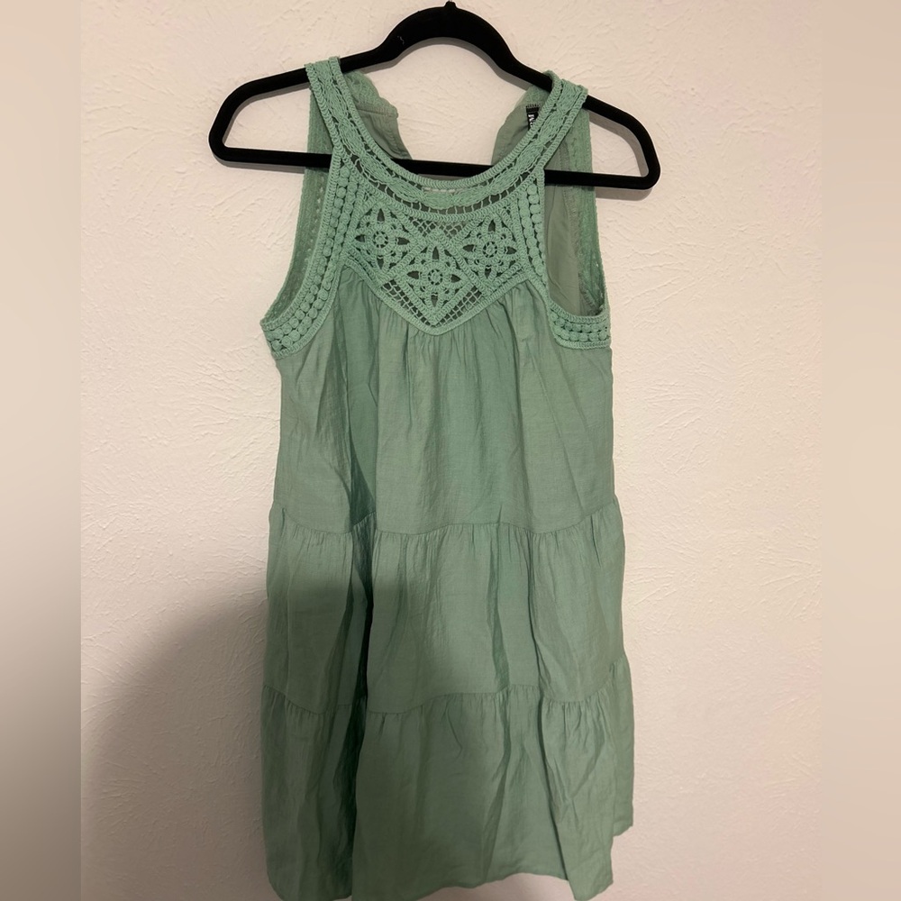 Sage green crocheted top mini dress no pockets